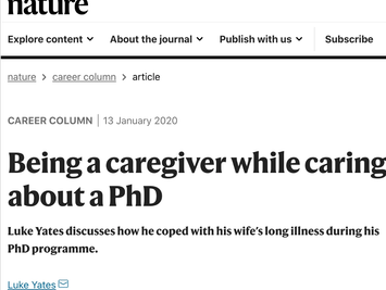 A Nature career column headline: 'Being a caregiver while caring about a PhD' by Luke Yates